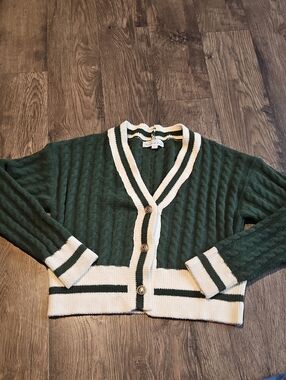 Forest Green Cable Knit Cardigan Cream Contrast Trim Soft Xlarge Threaded Leaf